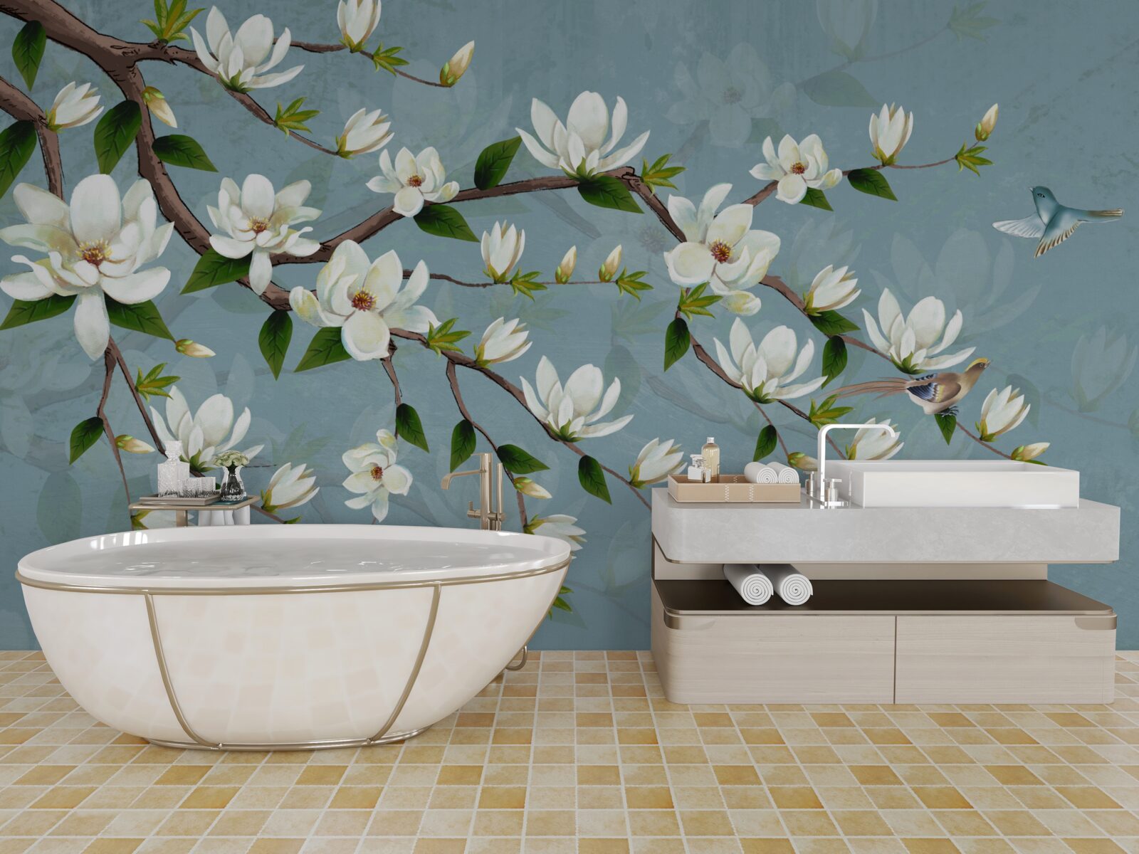 Фотошпалери істота з крилами наближається до світлих бруньок