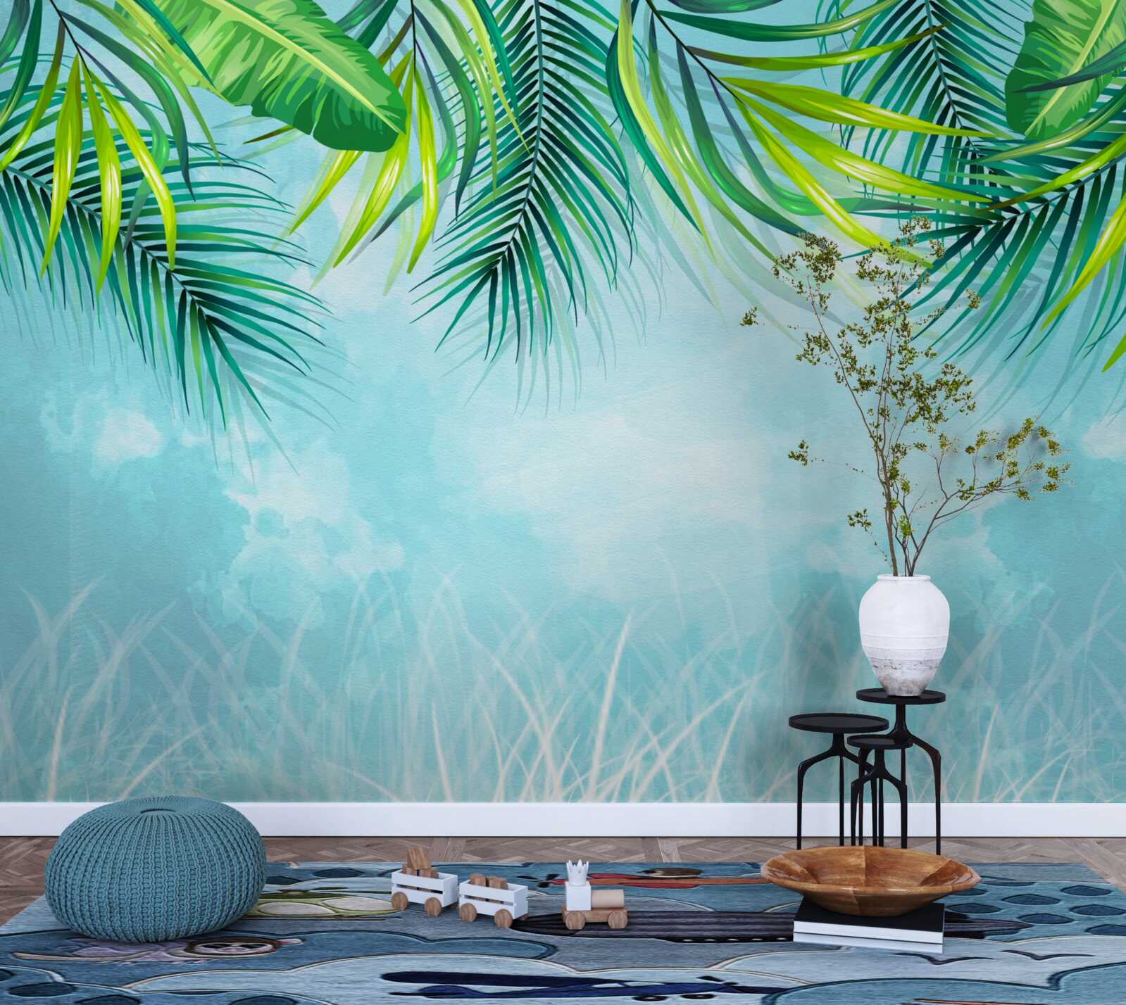 Фотошпалери тропічне листя на тлі блакитного неба