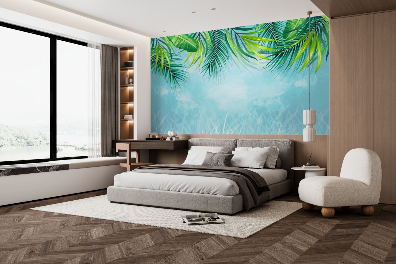 Фотошпалери тропічне листя на тлі блакитного неба