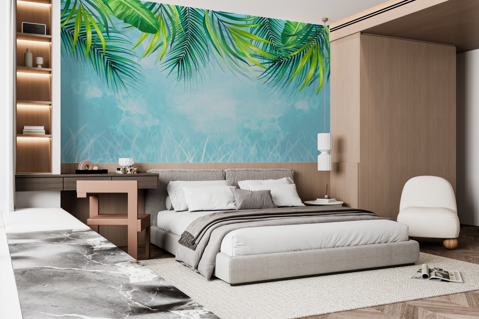 Фотошпалери тропічне листя на тлі блакитного неба