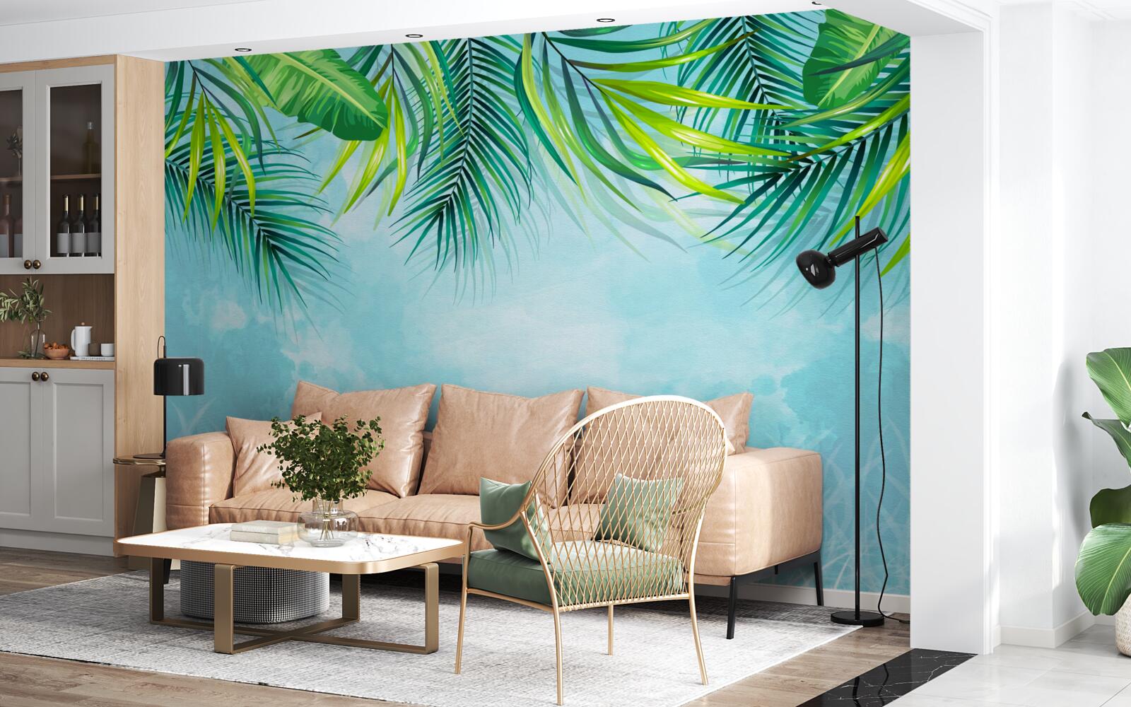 Фотошпалери тропічне листя на тлі блакитного неба