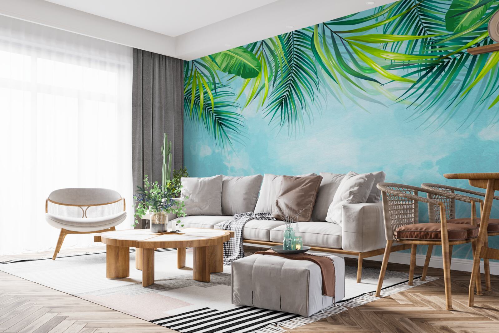 Фотошпалери тропічне листя на тлі блакитного неба