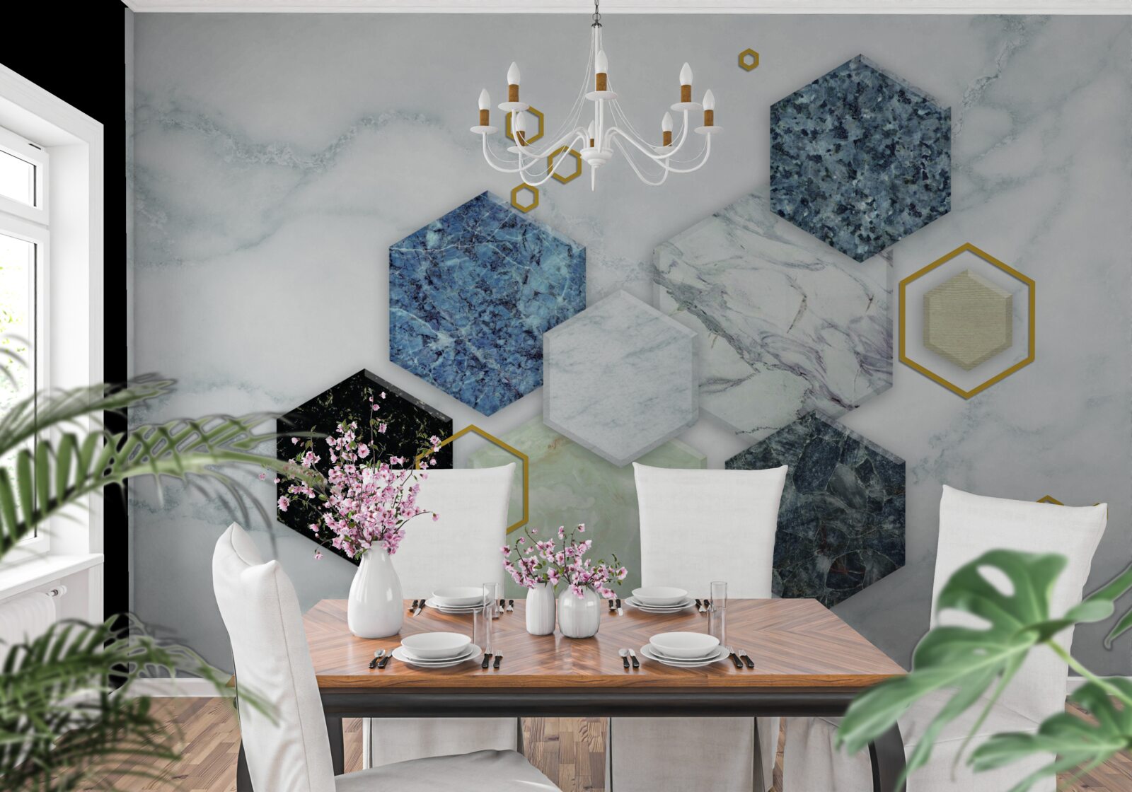 Фотошпалери п'ятикутна мозаїка на білому мармуровому тлі