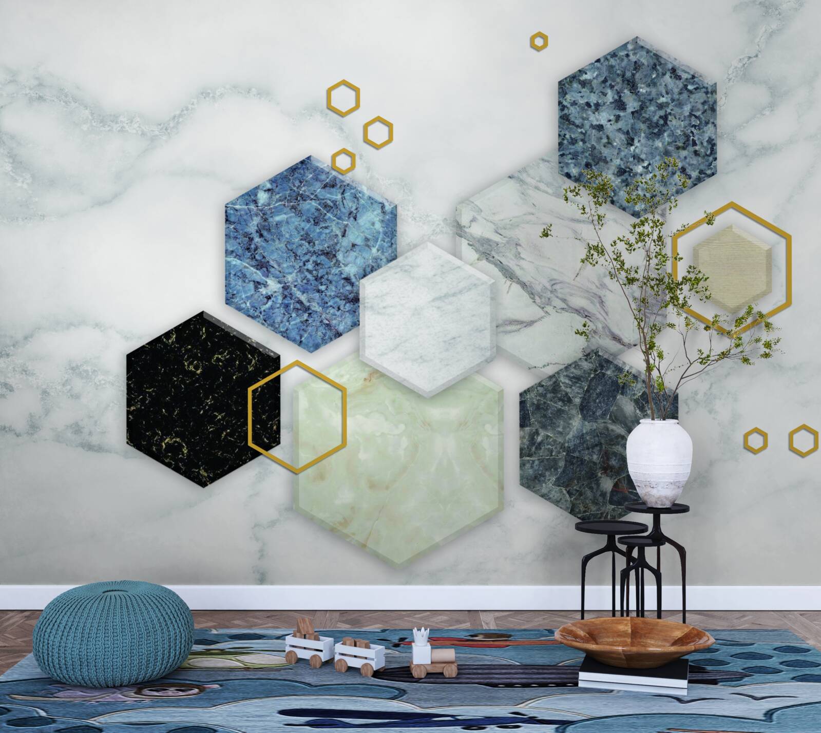 Фотошпалери п'ятикутна мозаїка на білому мармуровому тлі