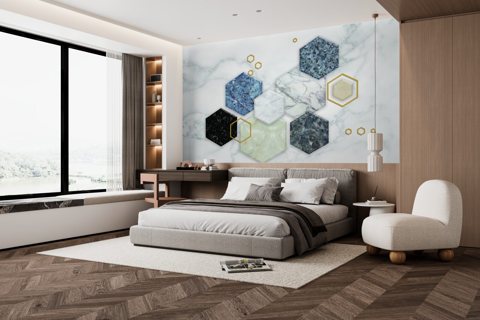 Фотошпалери п'ятикутна мозаїка на білому мармуровому тлі