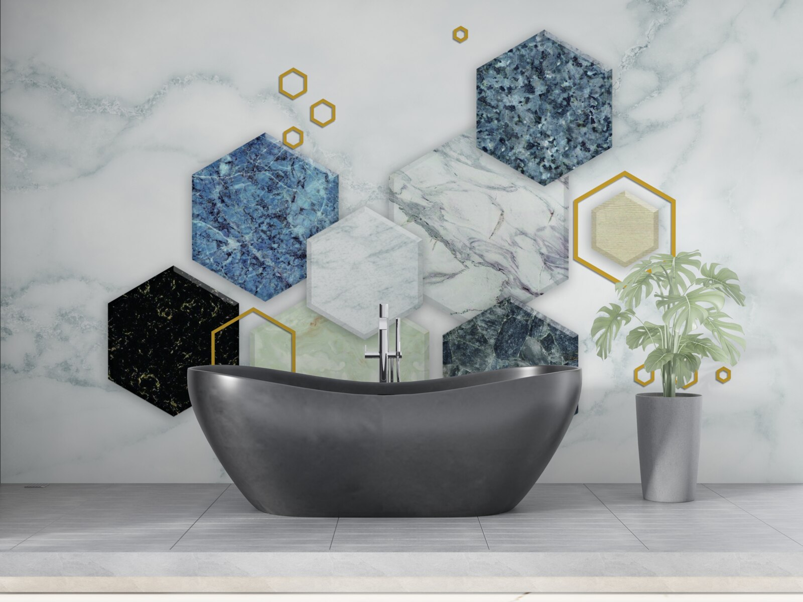 Фотошпалери п'ятикутна мозаїка на білому мармуровому тлі