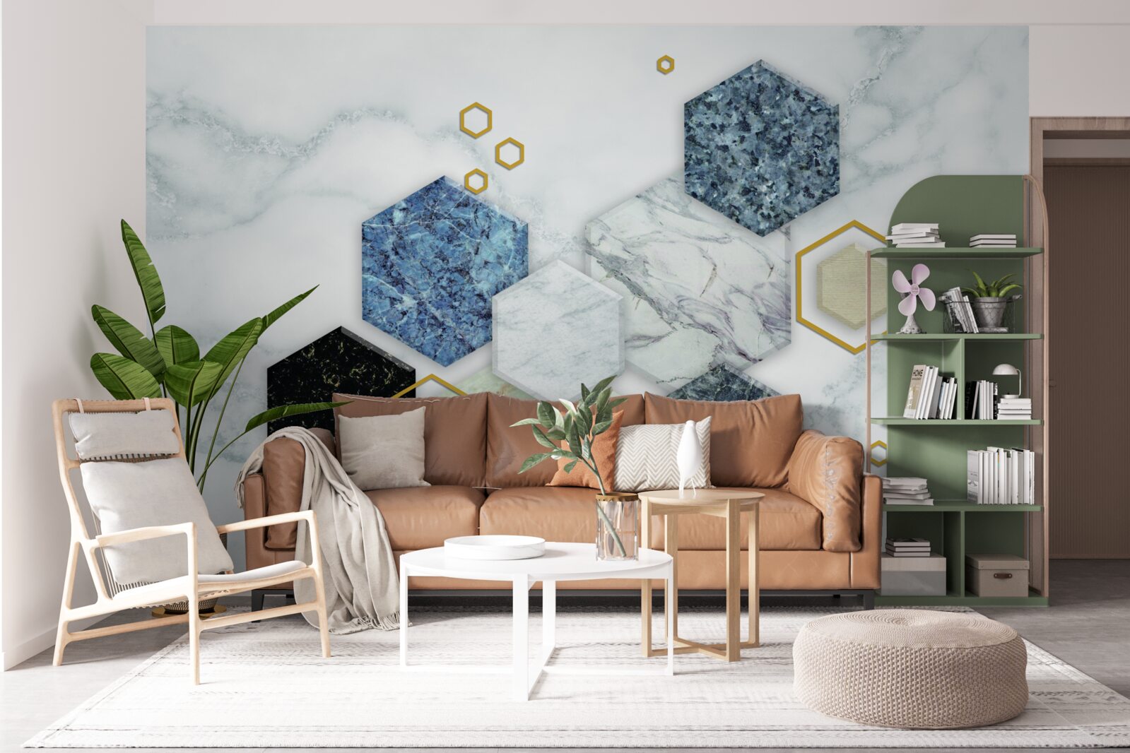 Фотошпалери п'ятикутна мозаїка на білому мармуровому тлі