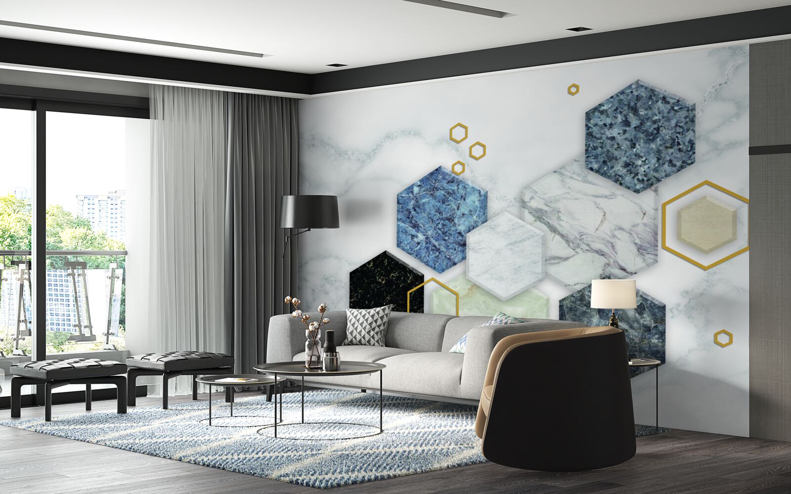 Фотошпалери п'ятикутна мозаїка на білому мармуровому тлі