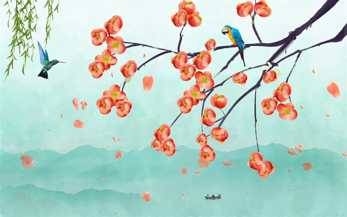 Фотошпалери гори оточують красу цвітіння японської вишні