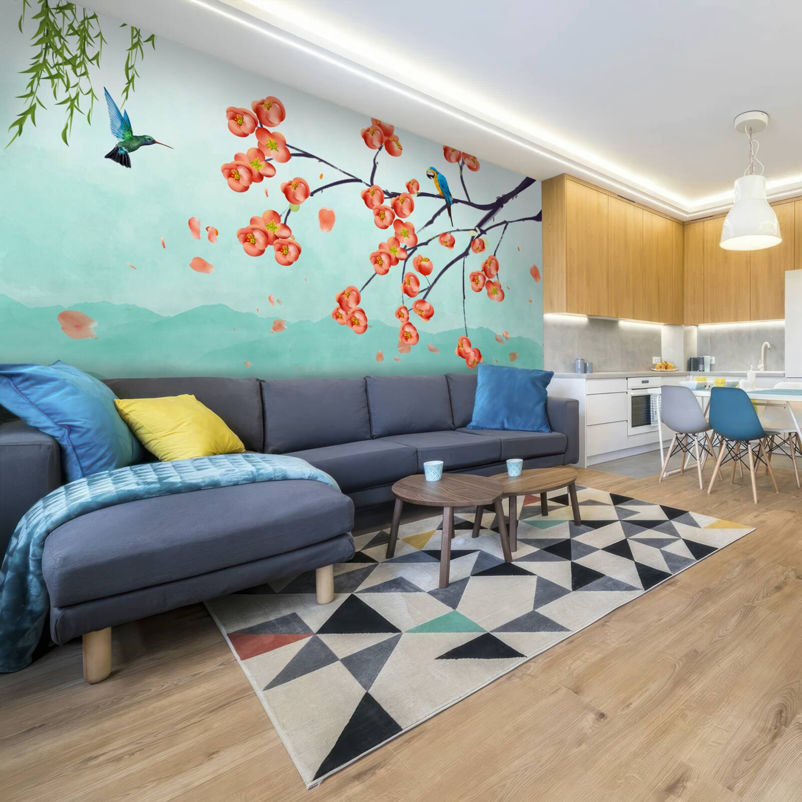 Фотошпалери гори оточують красу цвітіння японської вишні