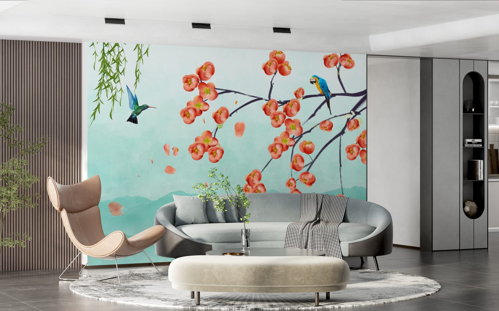 Фотошпалери гори оточують красу цвітіння японської вишні