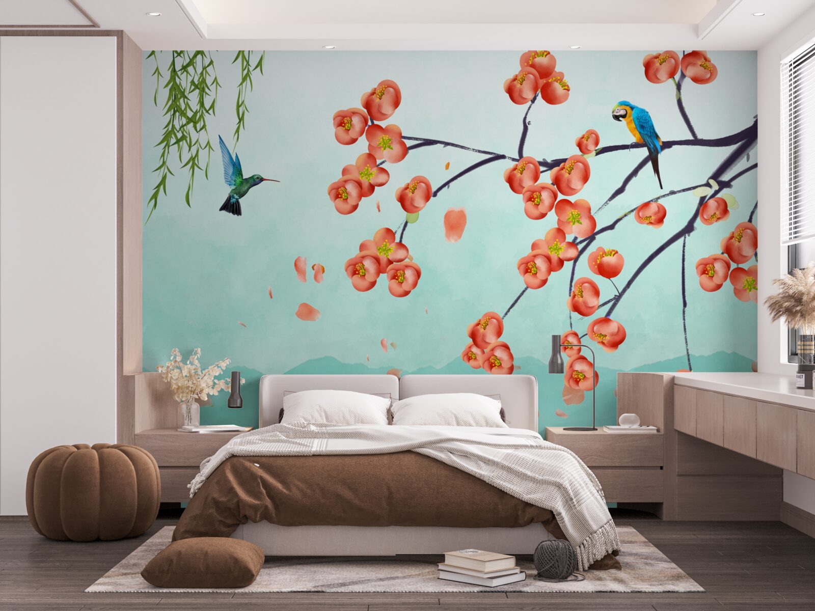 Фотошпалери гори оточують красу цвітіння японської вишні