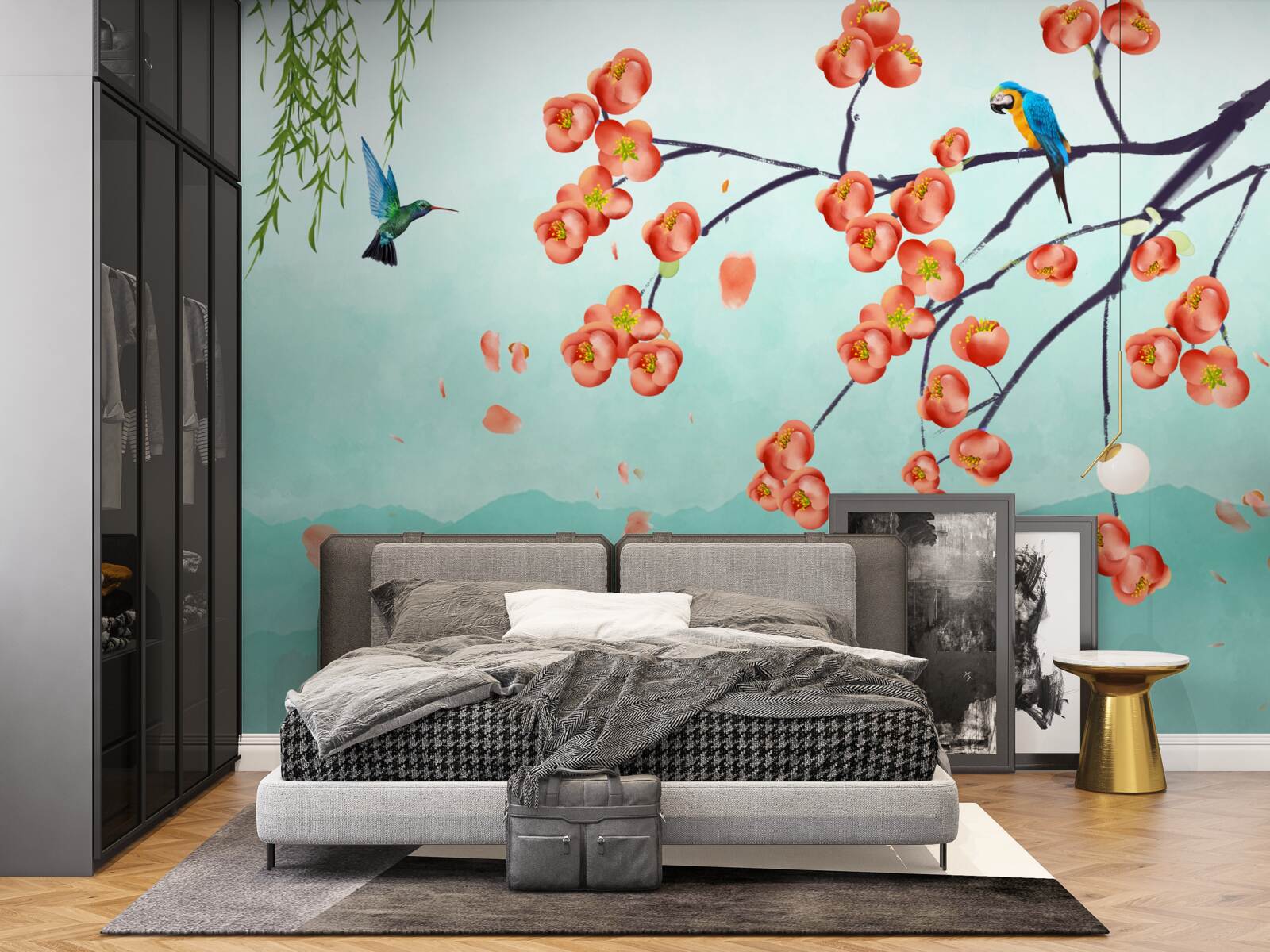 Фотошпалери гори оточують красу цвітіння японської вишні