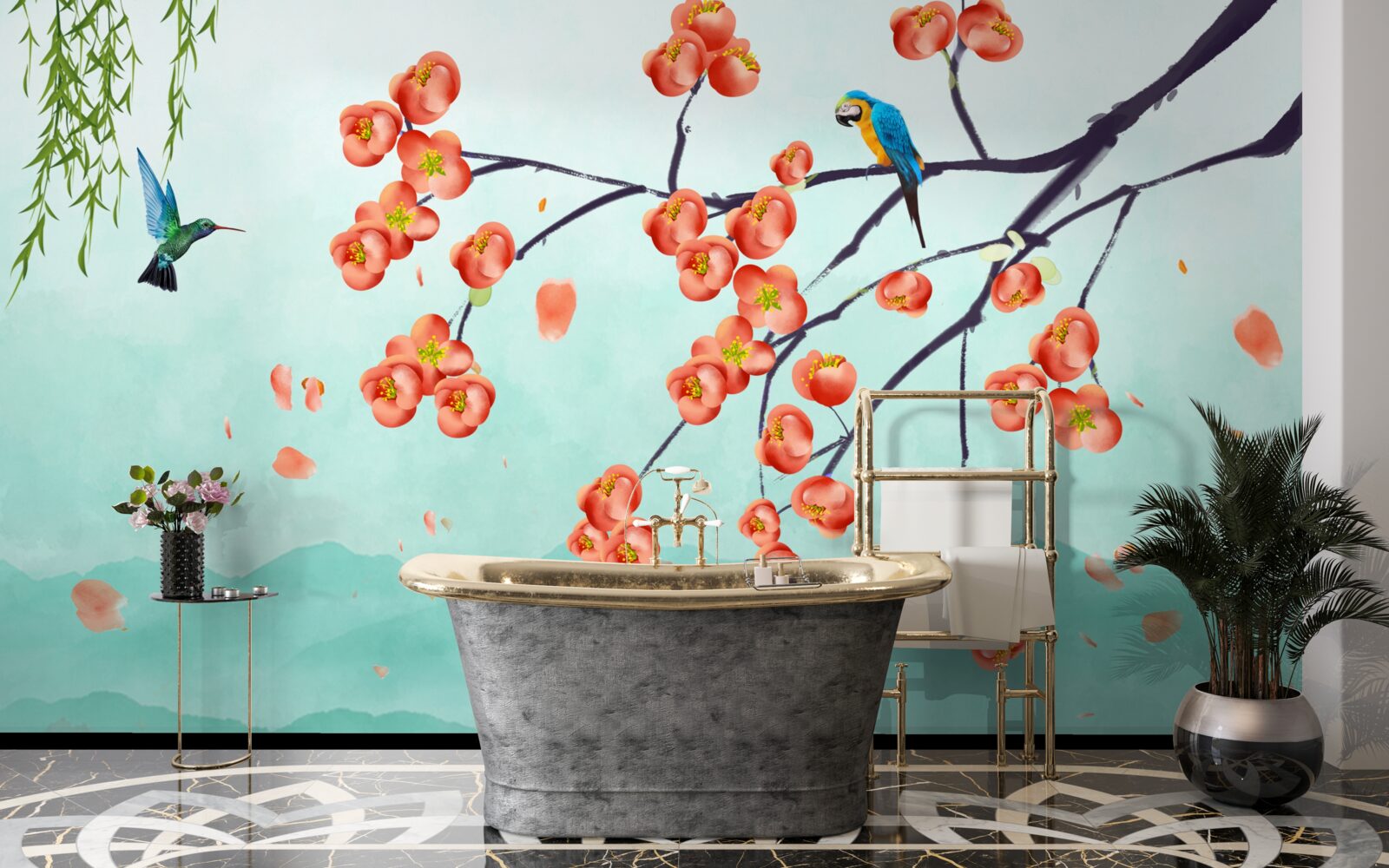 Фотошпалери гори оточують красу цвітіння японської вишні