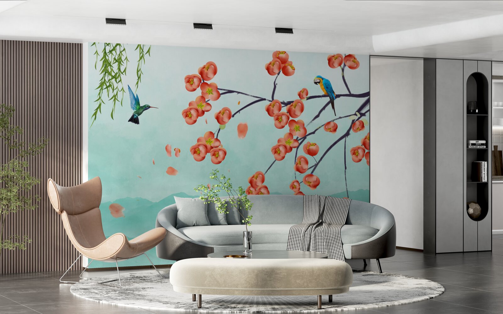 Фотошпалери гори оточують красу цвітіння японської вишні