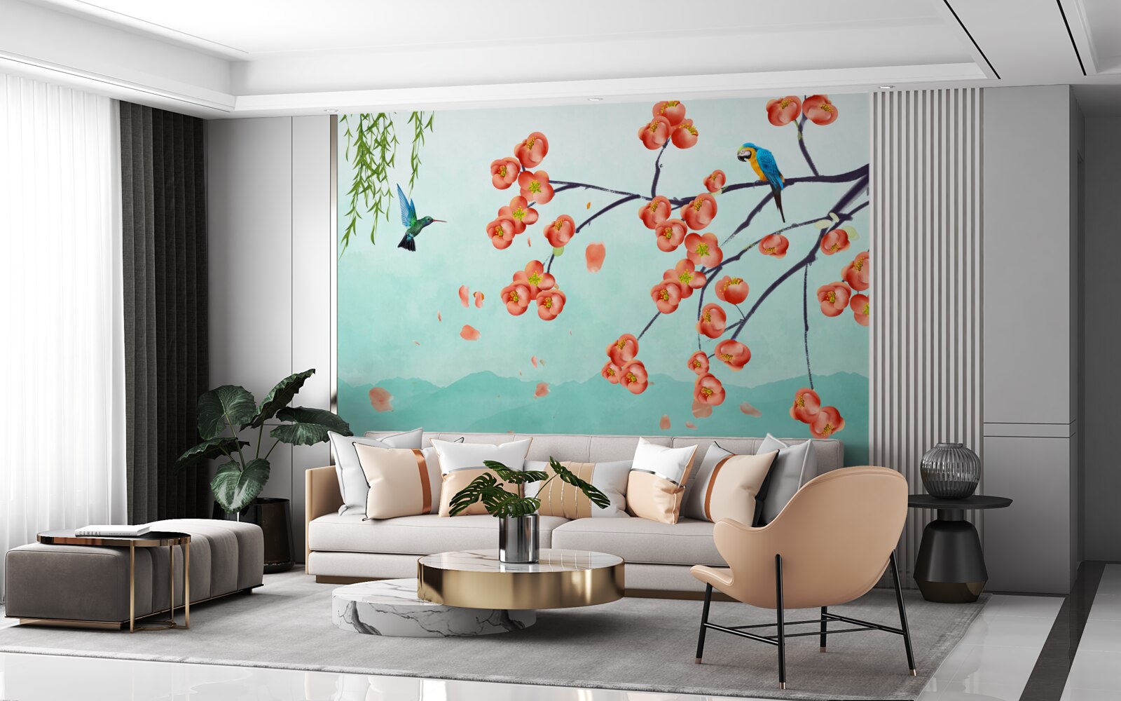 Фотошпалери гори оточують красу цвітіння японської вишні