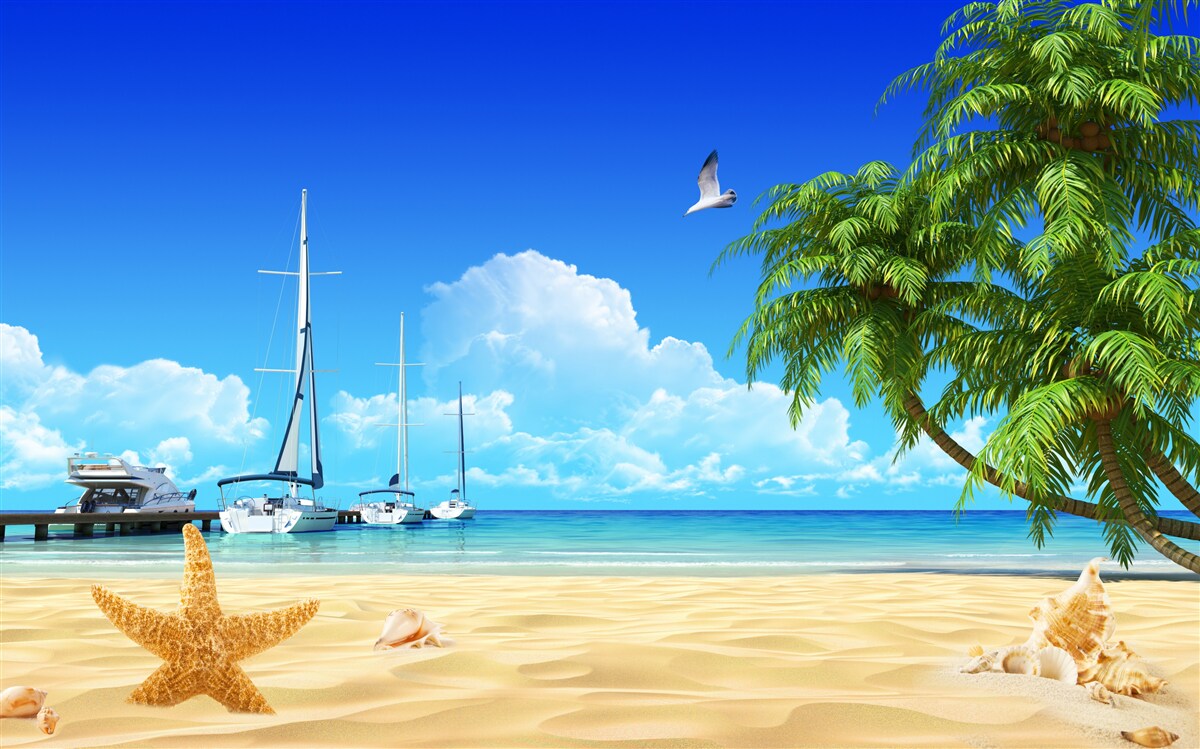 Фотошпалери човни стоять на пірсі на піщаному березі