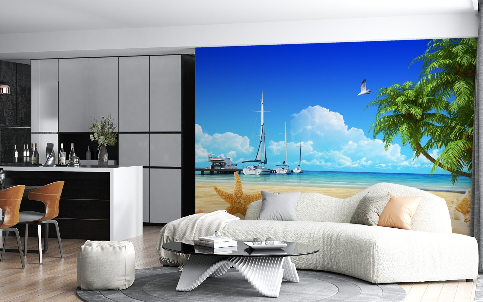 Фотошпалери човни стоять на пірсі на піщаному березі