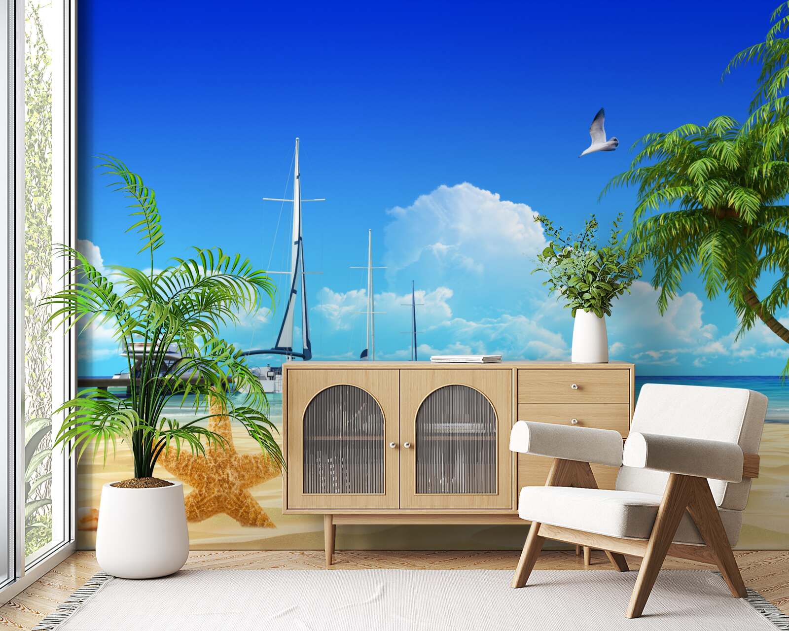 Фотошпалери човни стоять на пірсі на піщаному березі