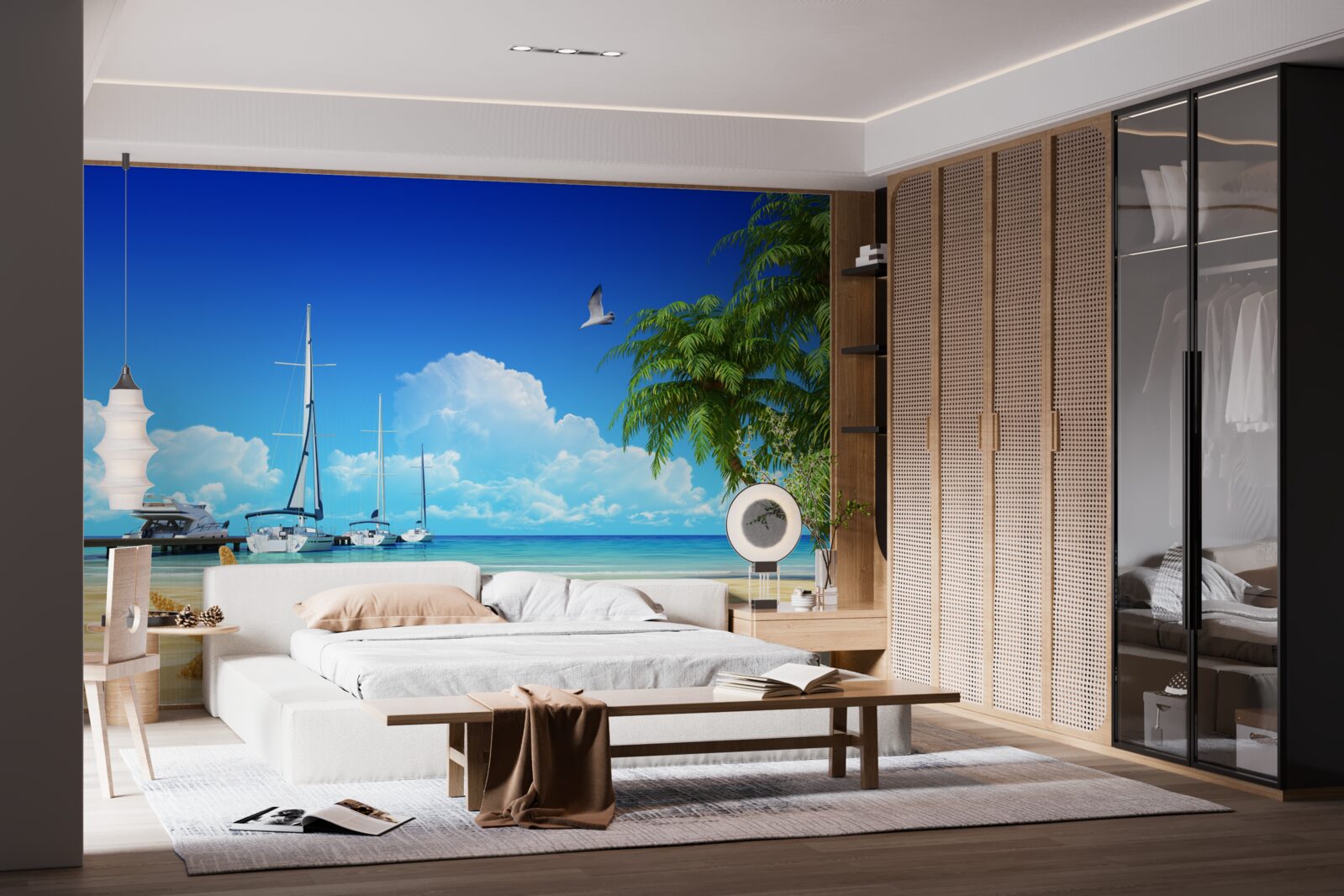 Фотошпалери човни стоять на пірсі на піщаному березі