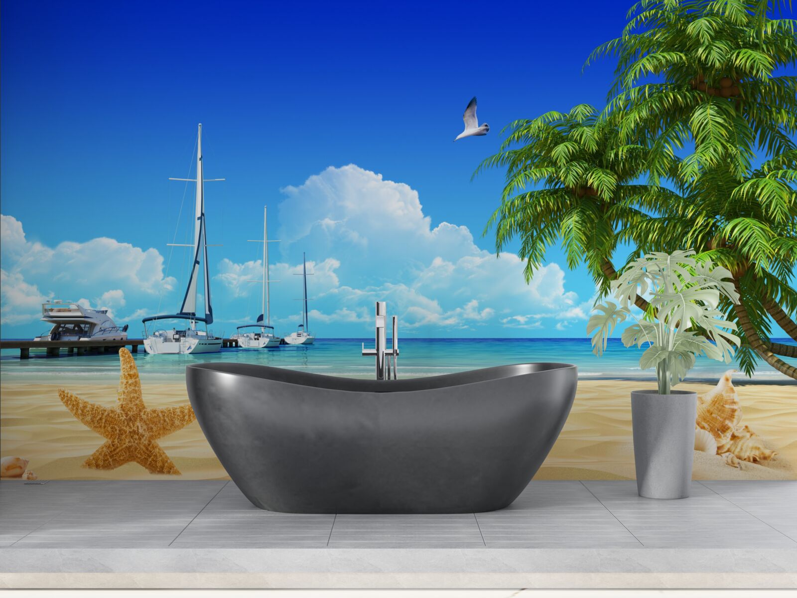 Фотошпалери човни стоять на пірсі на піщаному березі