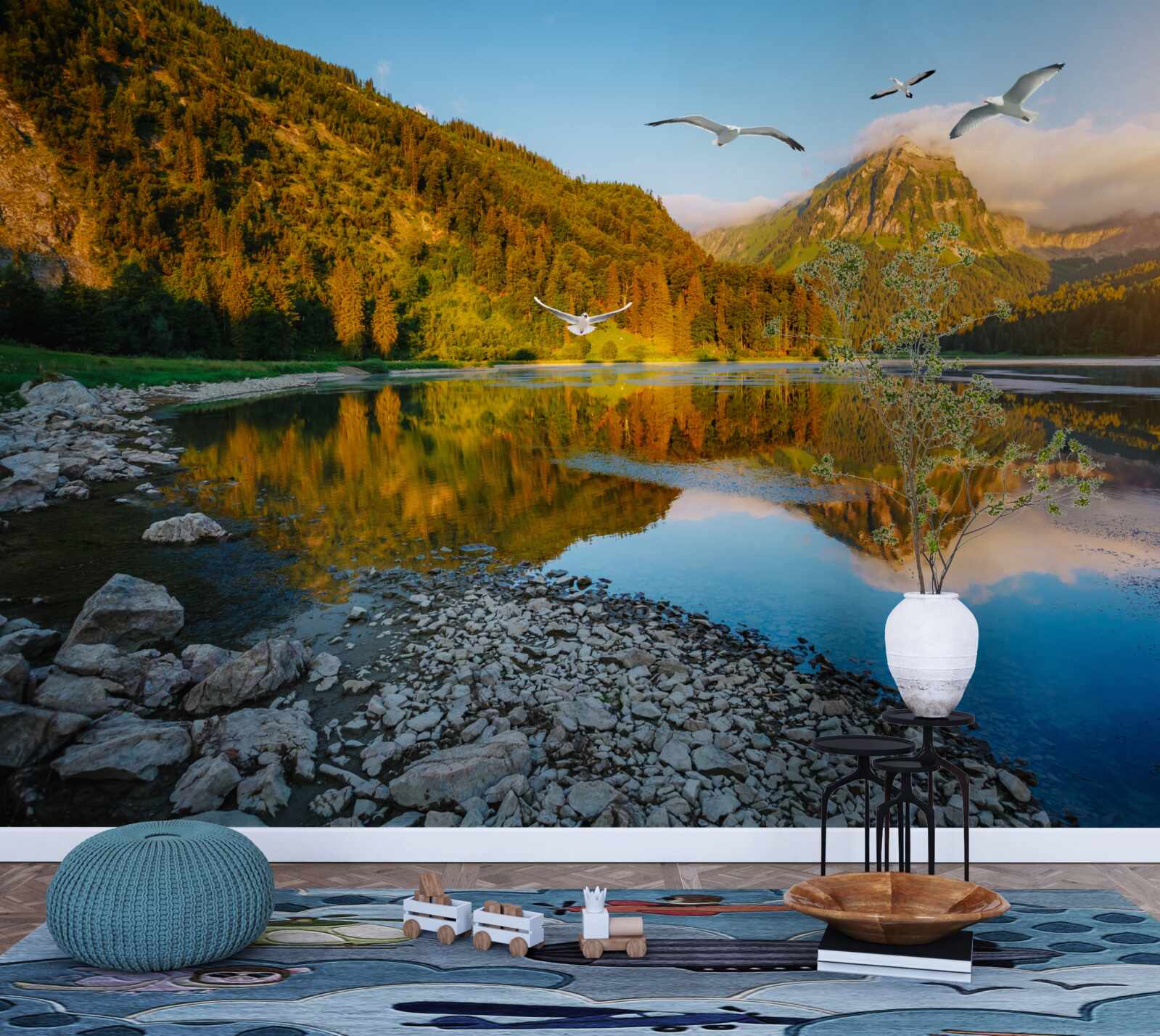 Фотошпалери птахи, що літають над гірськими водами