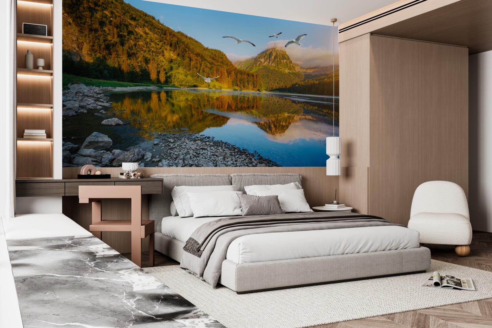 Фотошпалери птахи, що літають над гірськими водами