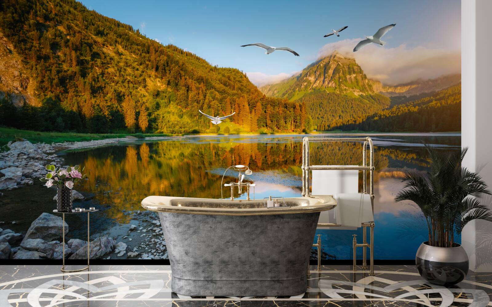 Фотошпалери птахи, що літають над гірськими водами