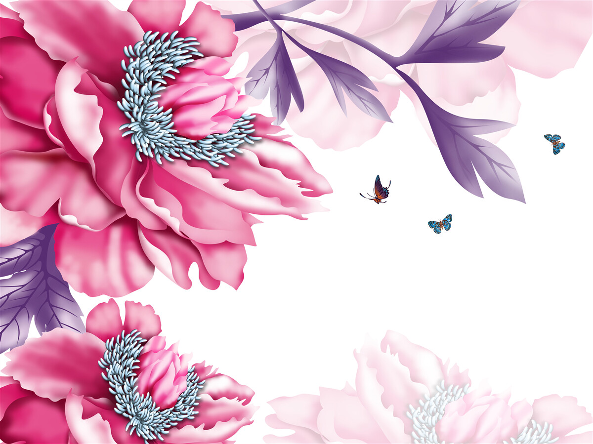 Фотошпалери метелики та рожеві квіти на тлі