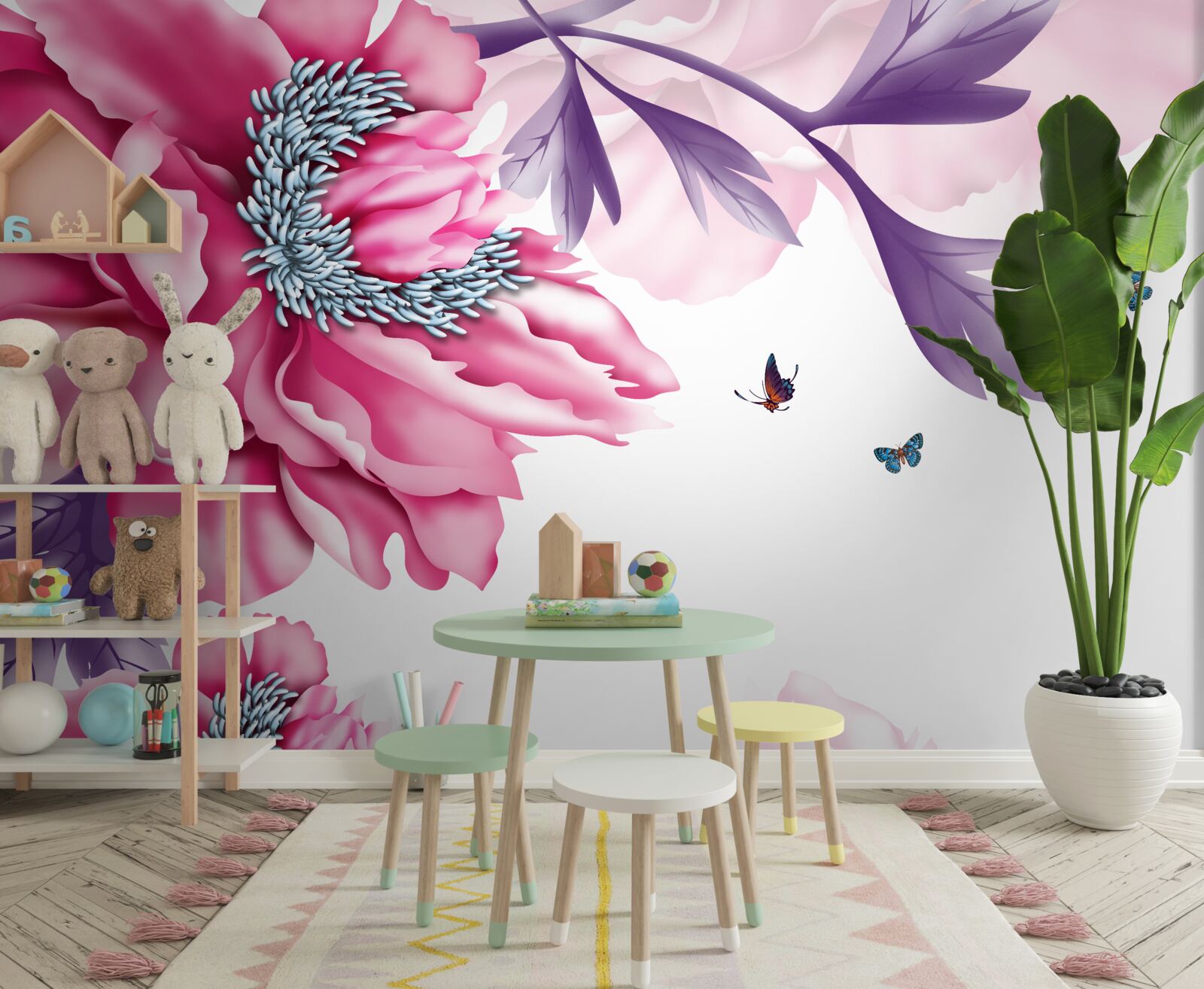 Фотошпалери метелики та рожеві квіти на тлі