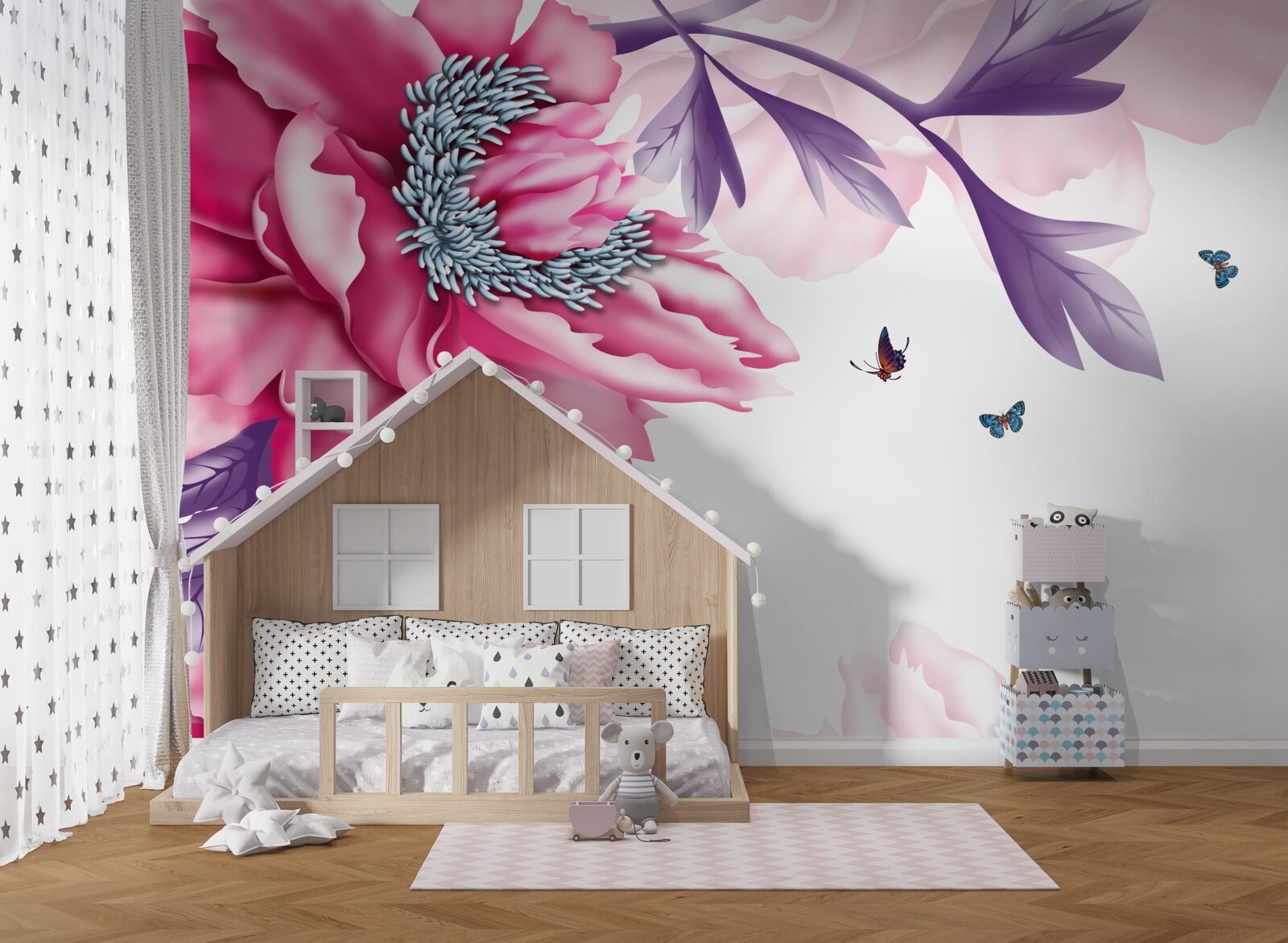 Фотошпалери метелики та рожеві квіти на тлі