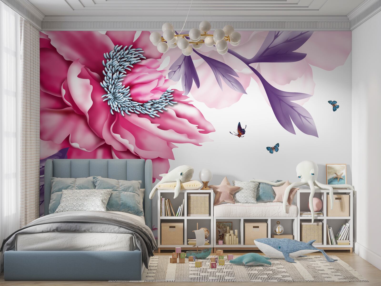 Фотошпалери метелики та рожеві квіти на тлі