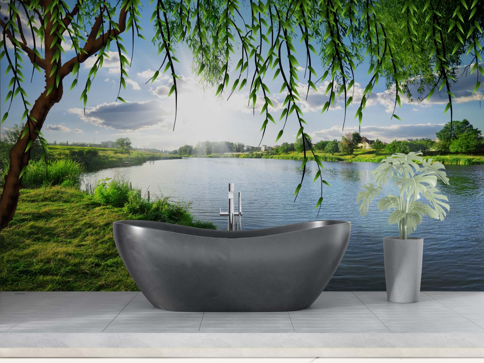 Фотошпалери краса верби біля берега спокійної води