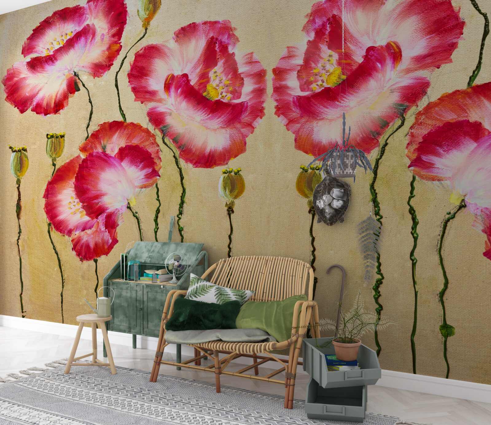 Фотошпалери бутони та квіти маку у відтінках червоного та білого