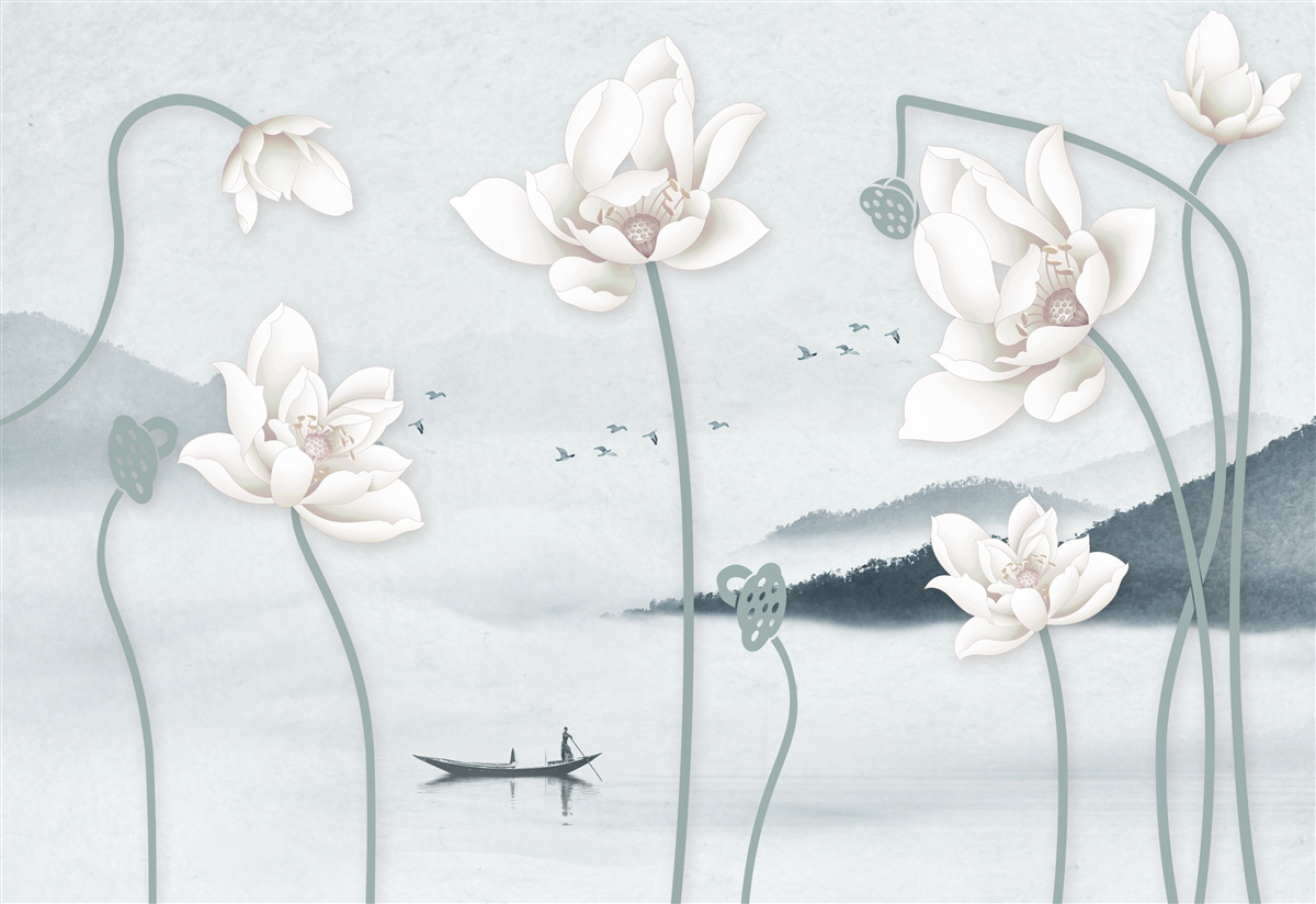 Фотошпалери Човен з рибалкою та білосніжними квітами