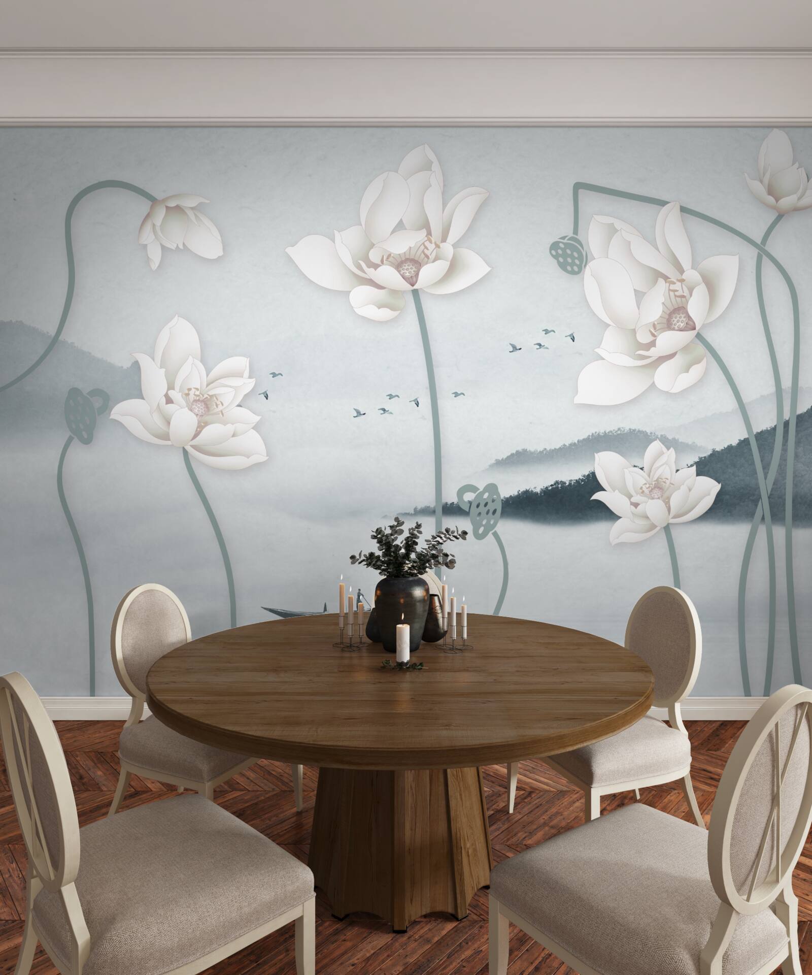 Фотошпалери Човен з рибалкою та білосніжними квітами