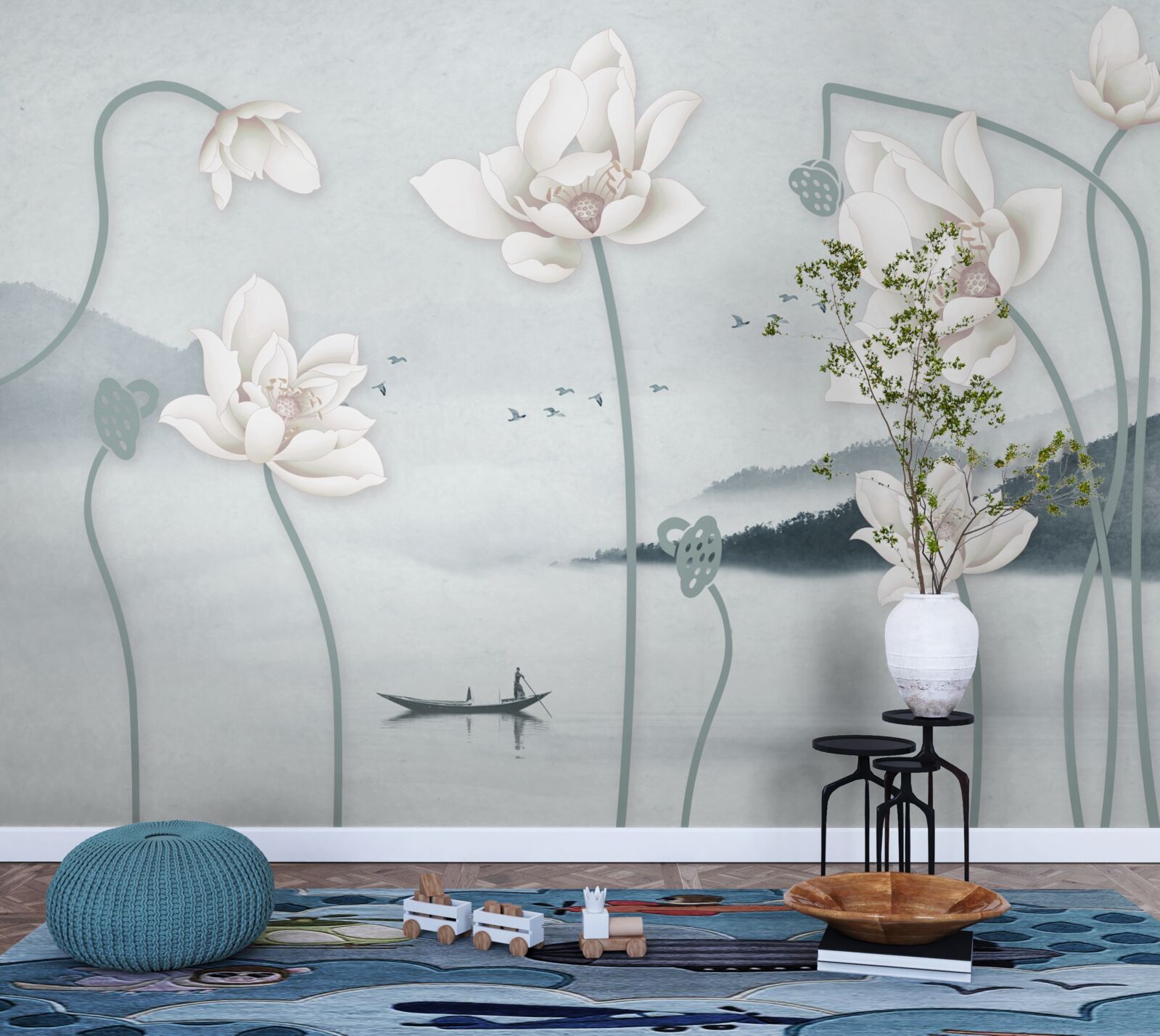 Фотошпалери Човен з рибалкою та білосніжними квітами