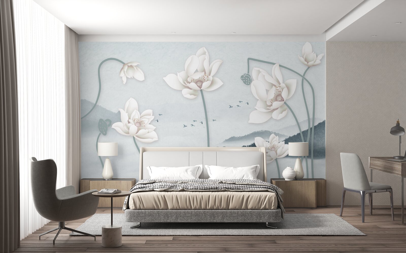 Фотошпалери Човен з рибалкою та білосніжними квітами