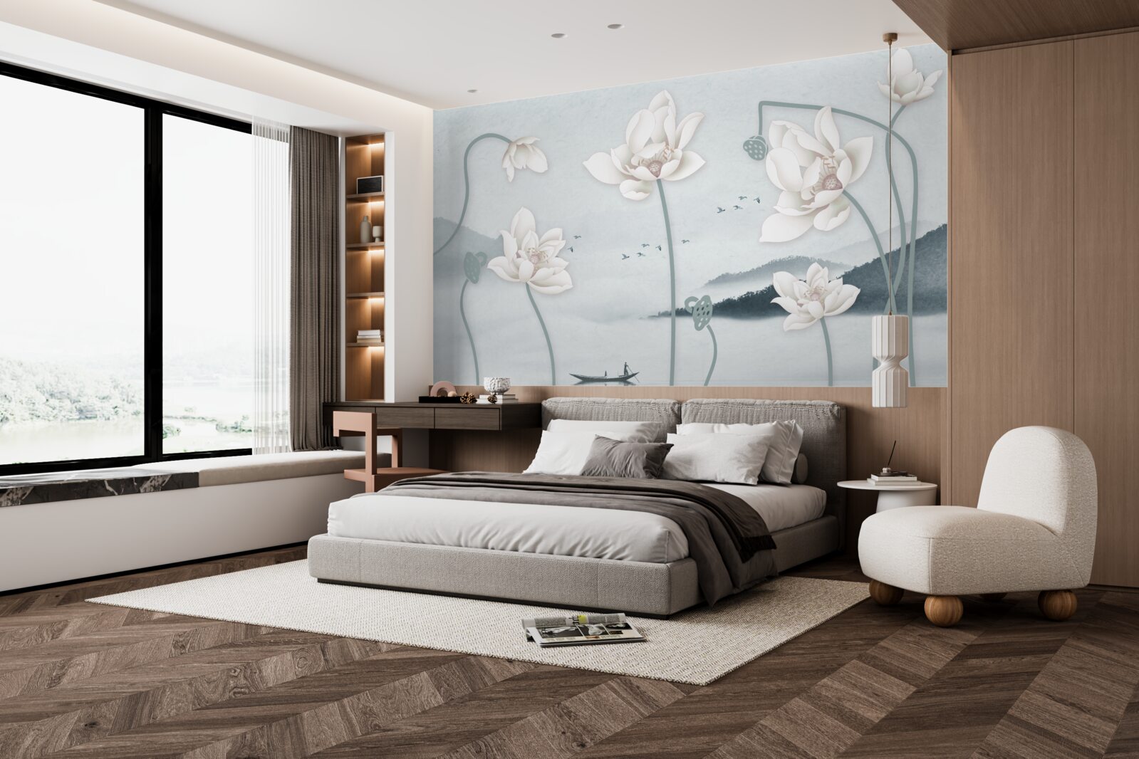 Фотошпалери Човен з рибалкою та білосніжними квітами