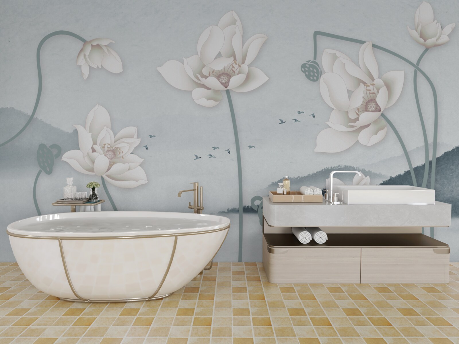 Фотошпалери Човен з рибалкою та білосніжними квітами