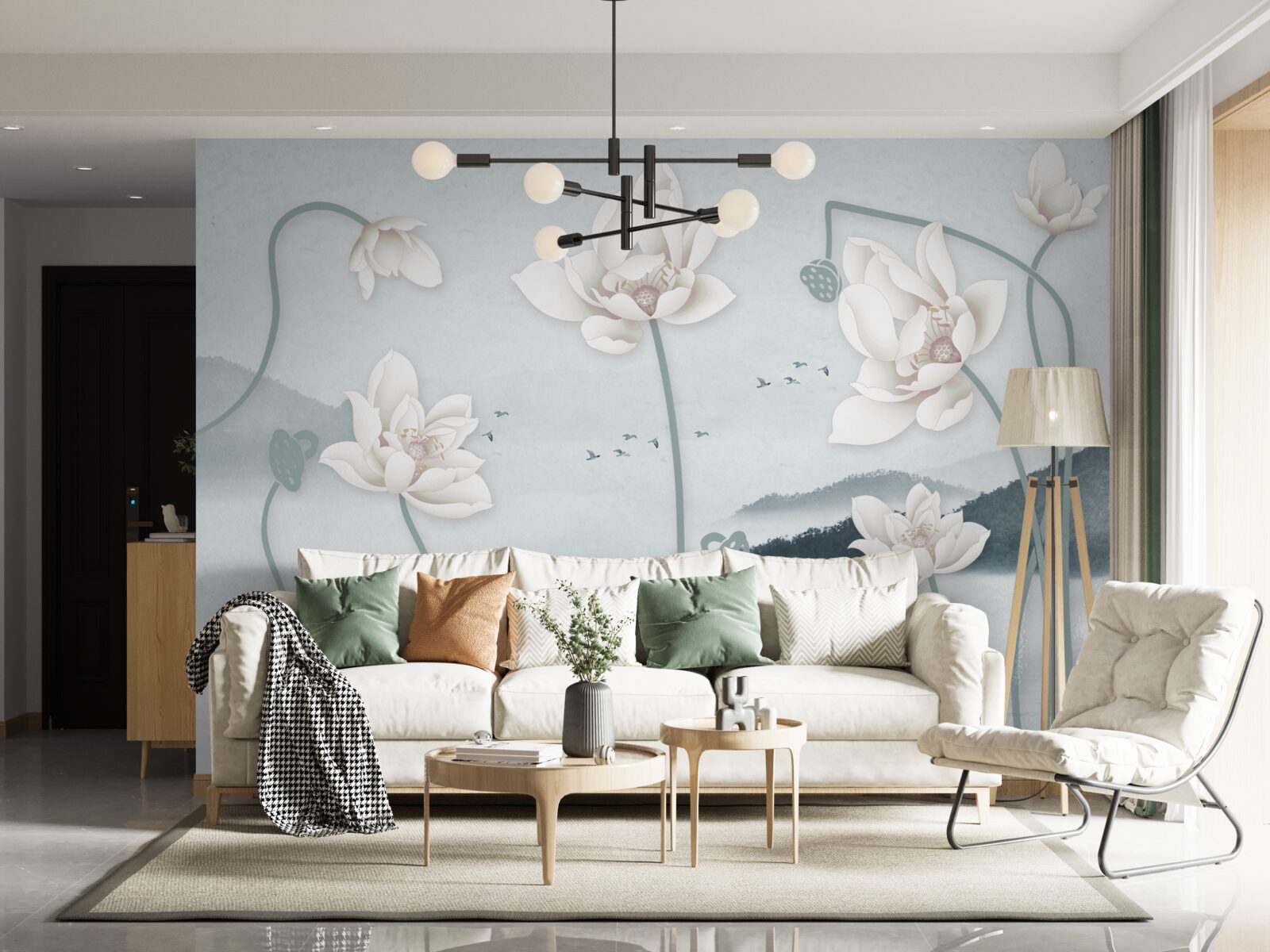 Фотошпалери Човен з рибалкою та білосніжними квітами