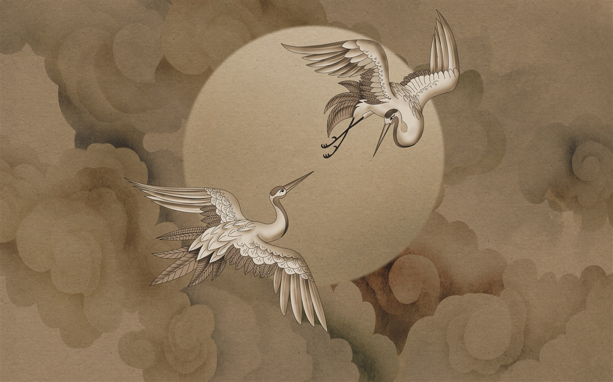 Фотошпалери танець журавлів під хмарами