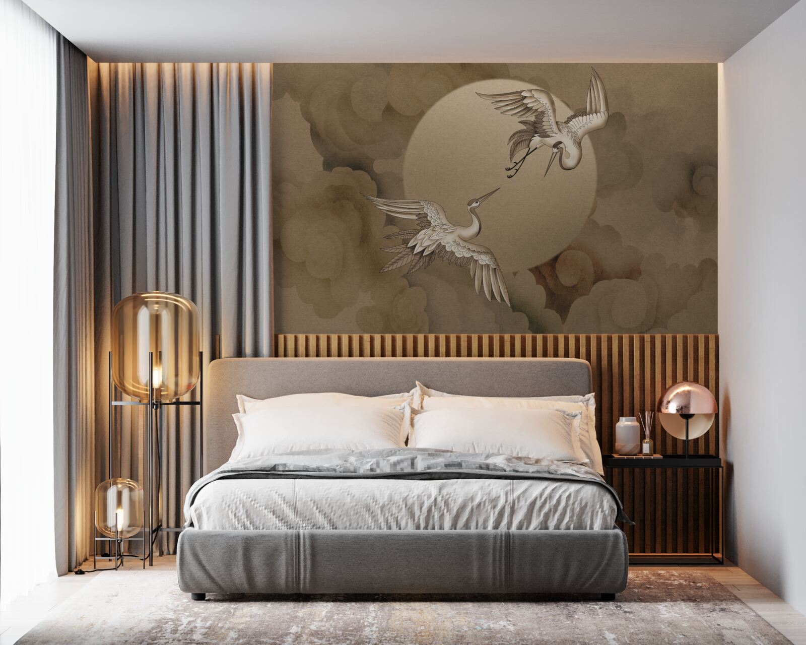 Фотошпалери танець журавлів під хмарами