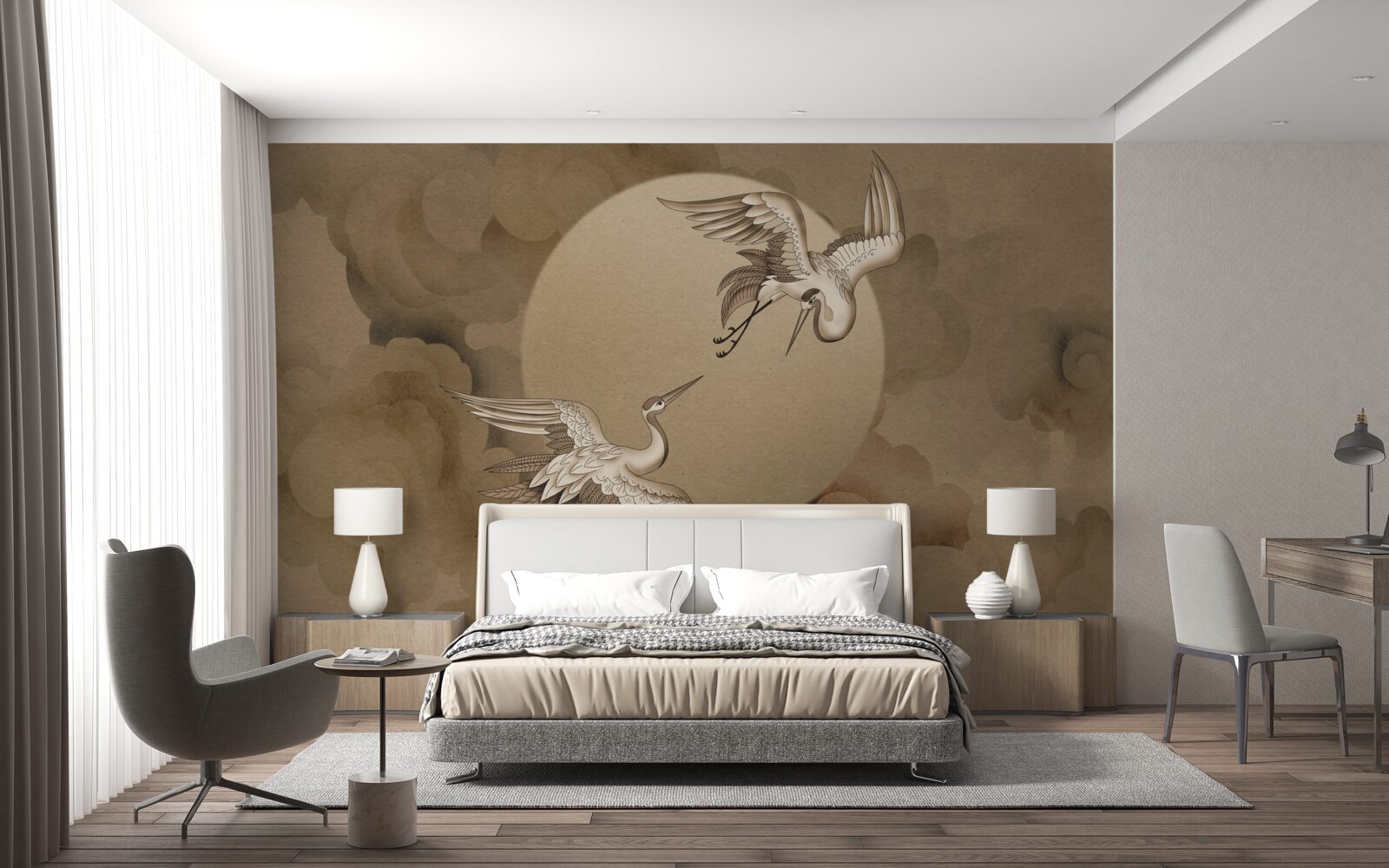 Фотошпалери танець журавлів під хмарами