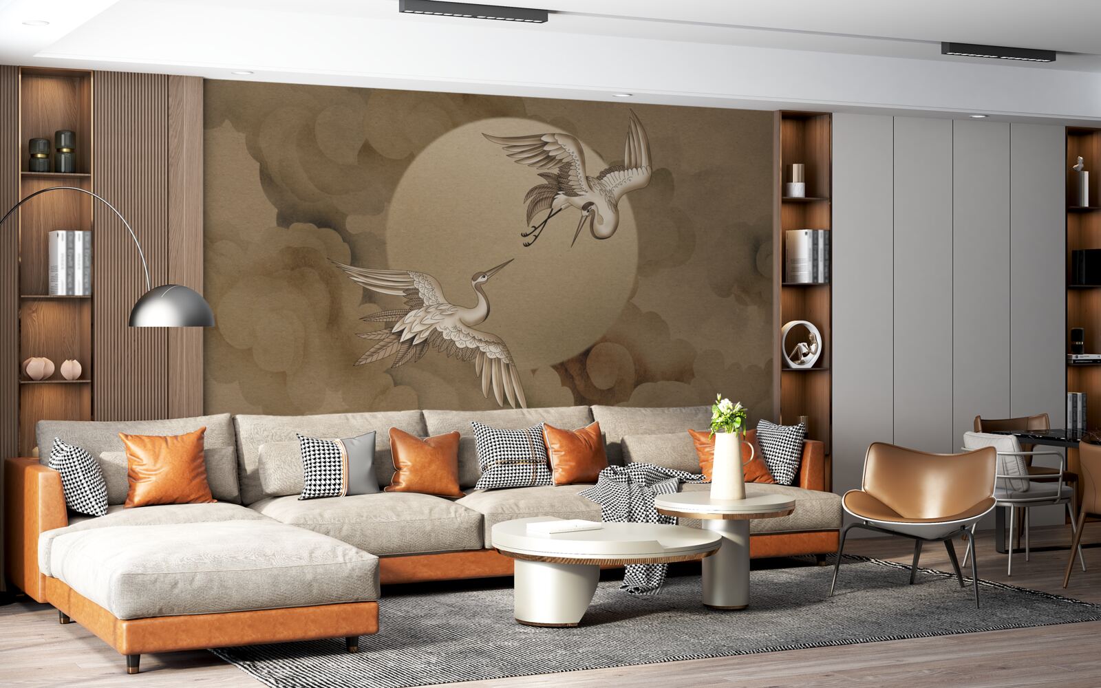 Фотошпалери танець журавлів під хмарами