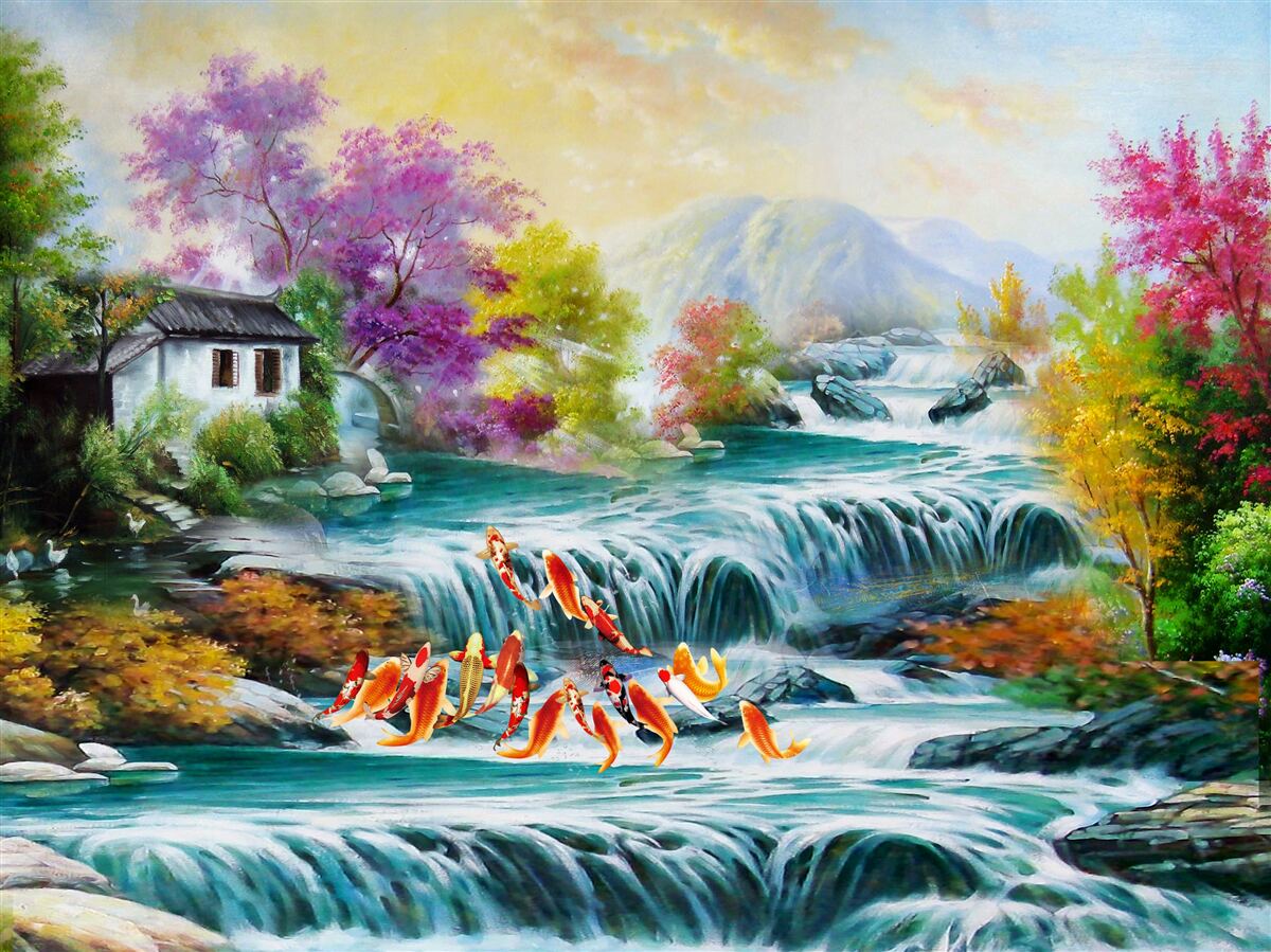 Фотошпалери восени в будинку гримить водоспад