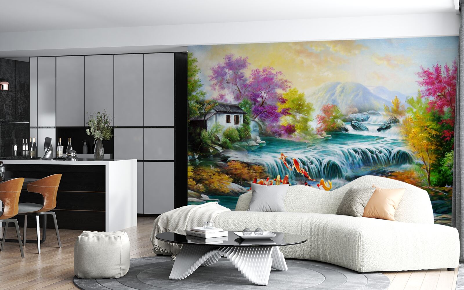 Фотошпалери восени в будинку гримить водоспад