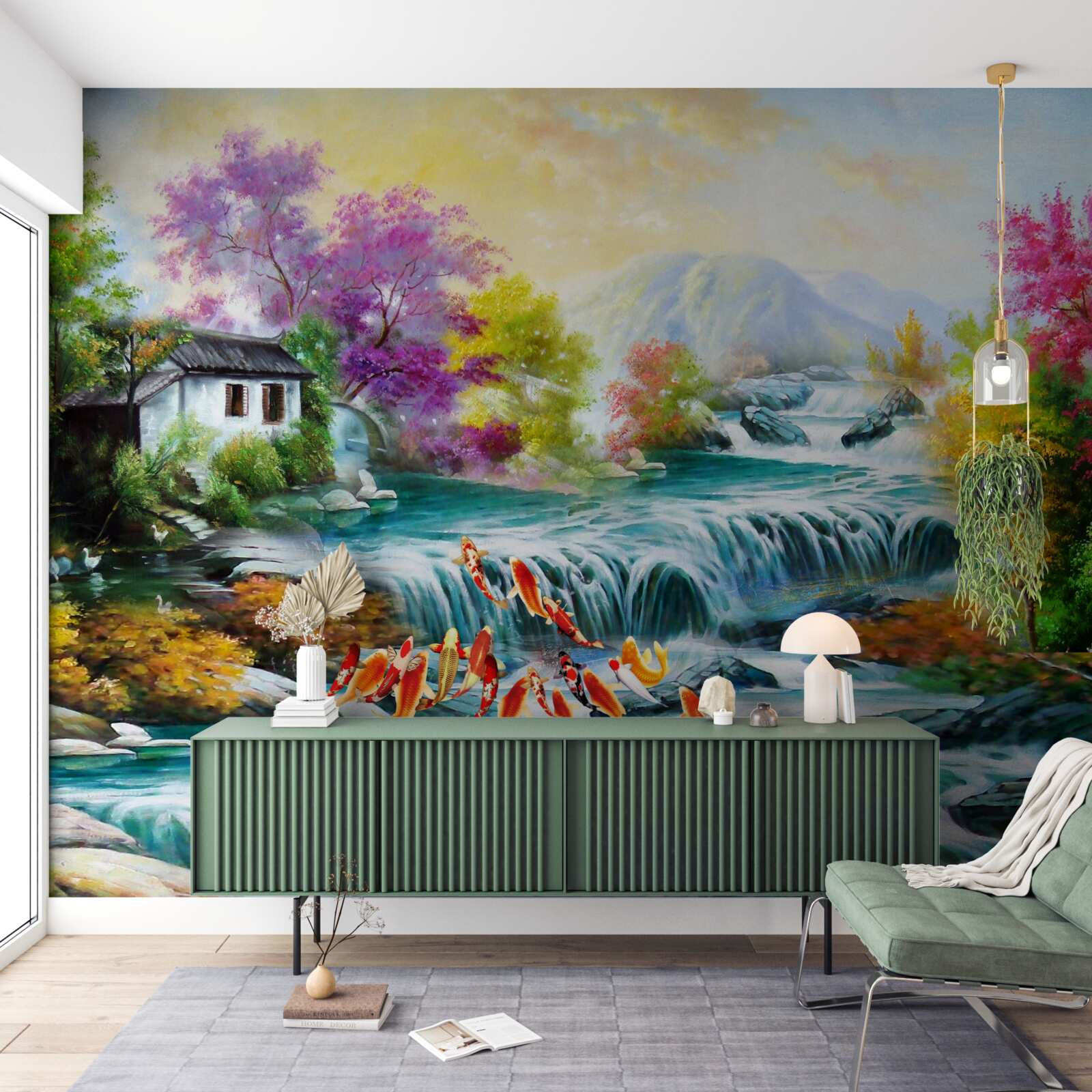 Фотошпалери восени в будинку гримить водоспад