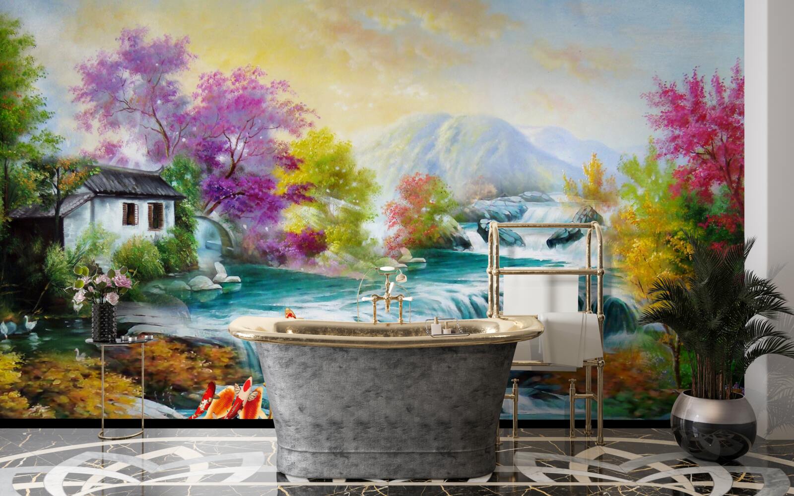 Фотошпалери восени в будинку гримить водоспад