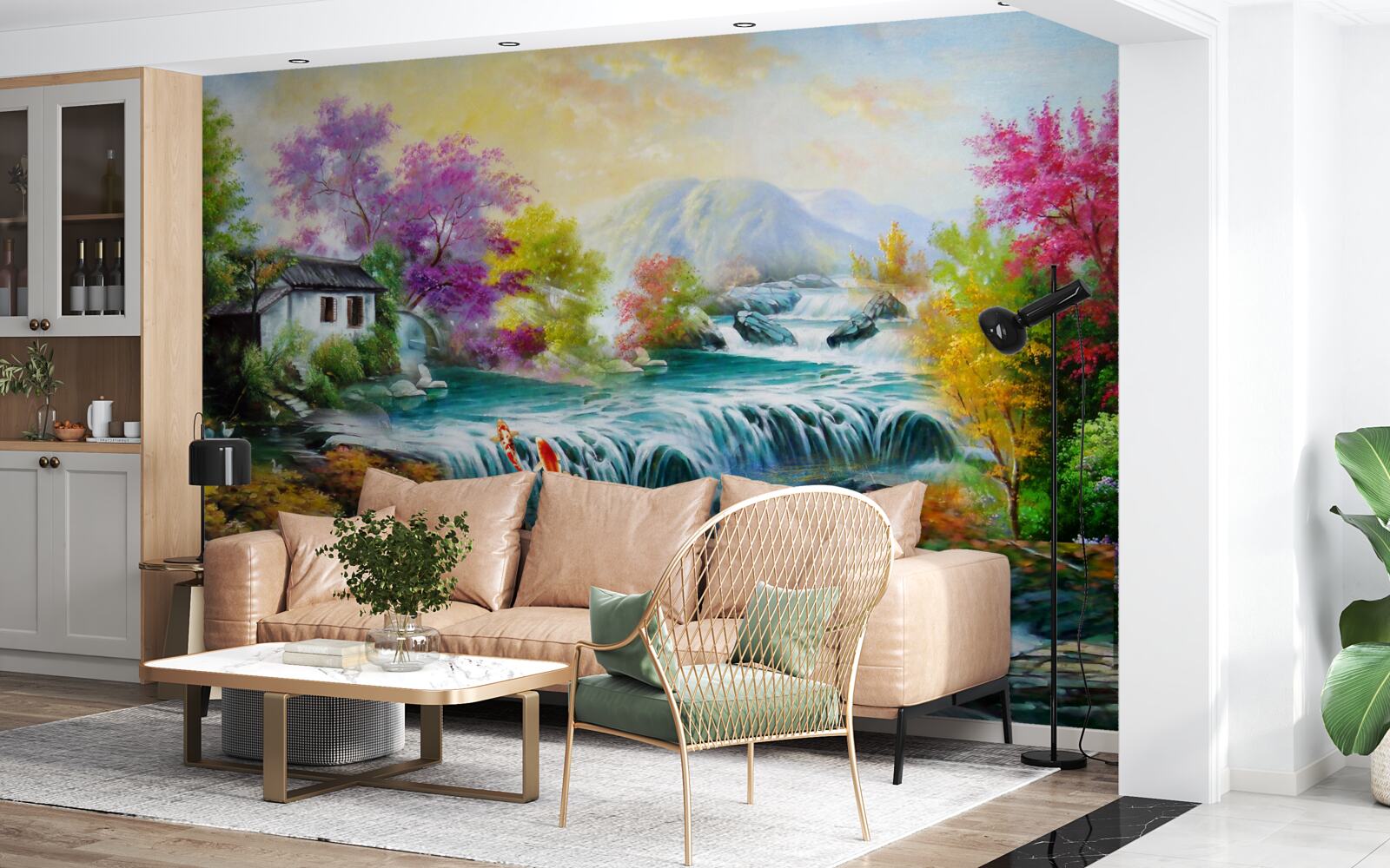 Фотошпалери восени в будинку гримить водоспад